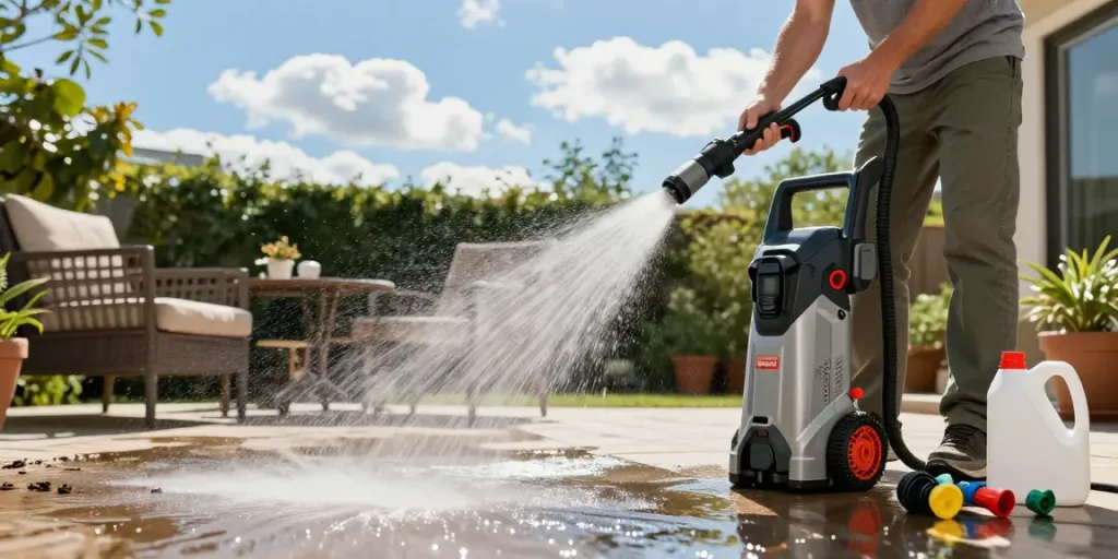 Bosch pressure washer in action cleaning a patio, showcasing outdoor home improvement.