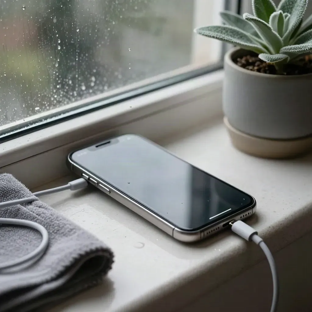 Smartphone tilting on a rainy windowsill beside a cable, cloth, and potted plant