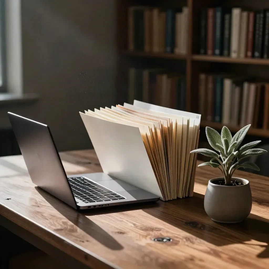 Laptop, silver keyboard, tabbed folders, and a small plant in a late-morning library workspace.