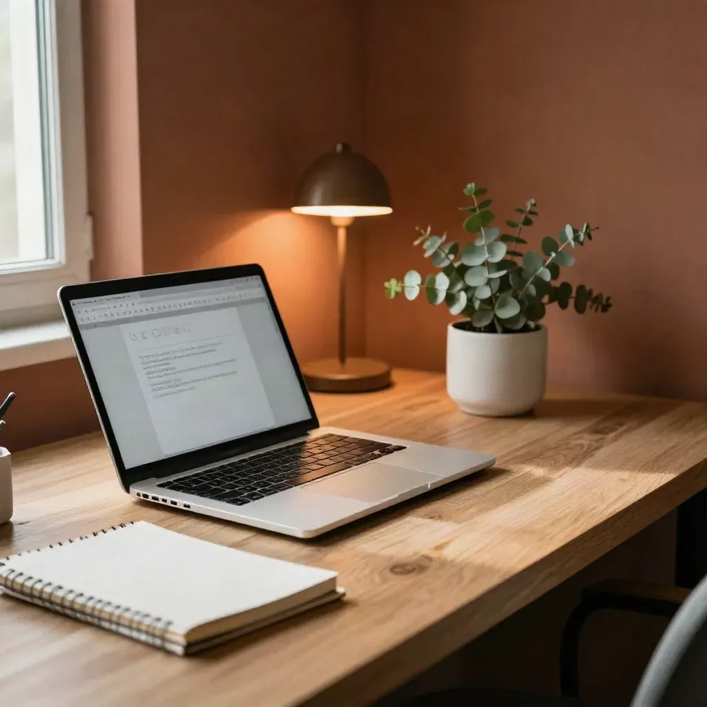 Laptop, notebook, and plant in a warm studio corner with blurred search interface glow.