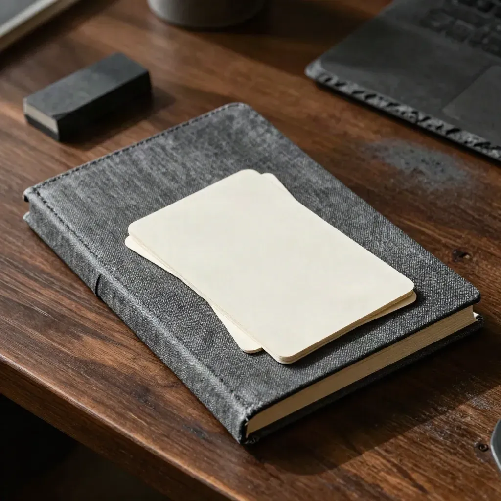 Top-down still life of a notebook, index cards, and trimmed paper on a walnut desk in soft afternoon light.