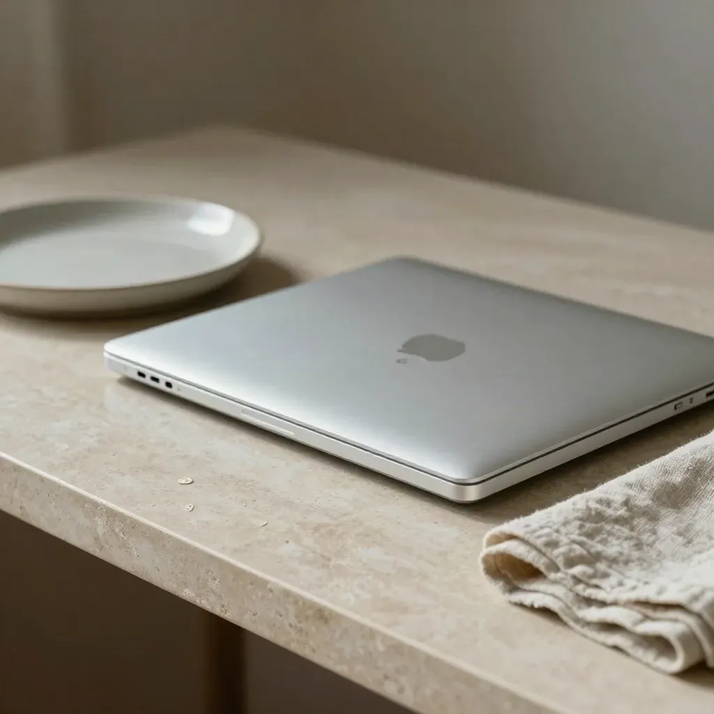 Closed laptop, ceramic tray and folded linen on pale stone, soft light and search-glow reflection.