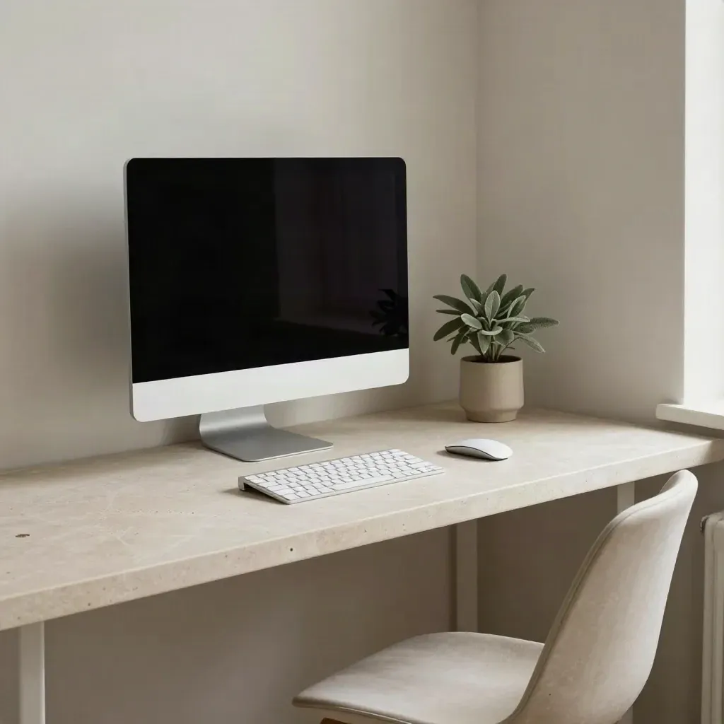 Minimal CMS workspace with off monitor, keyboard, mouse, plant, and empty chair.